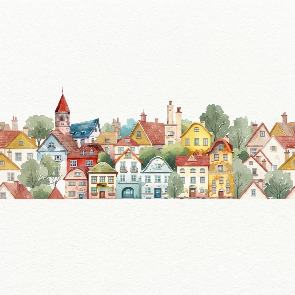 Watercolor village skyline