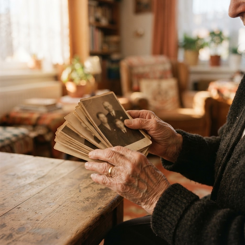 Hands holding vintage family photographs