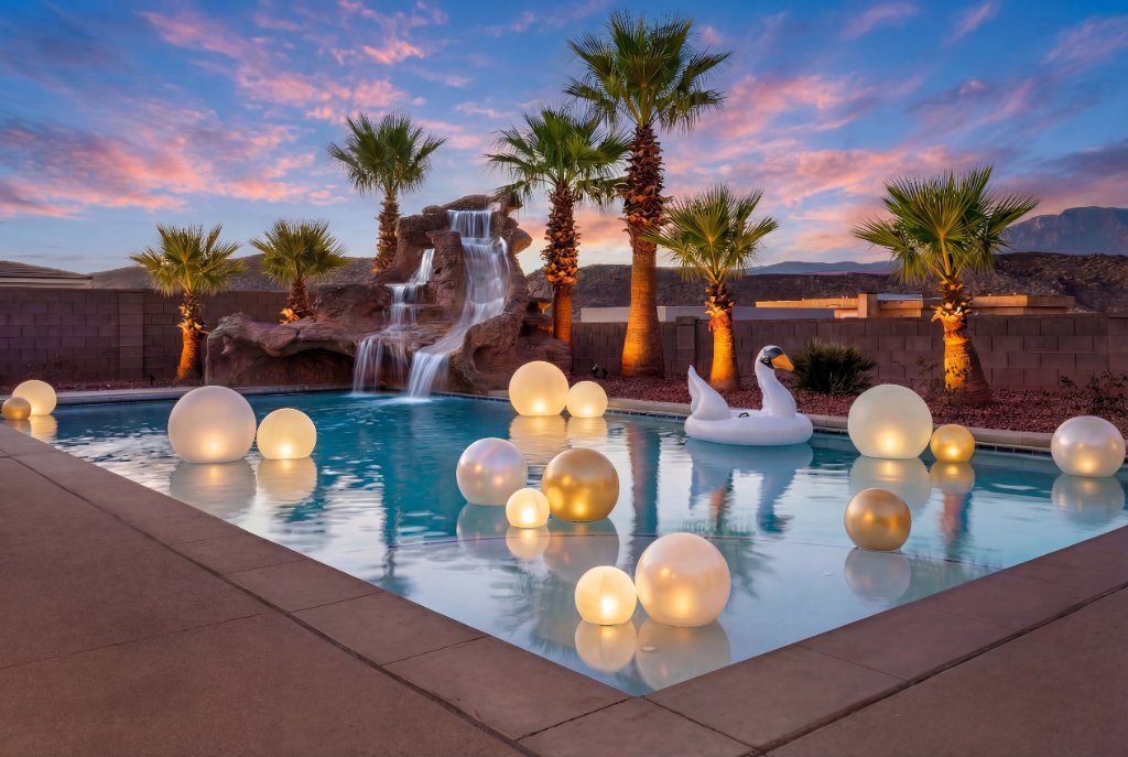 Luxury backyard pool at twilight with glowing floating orbs, a waterfall feature, and palm trees