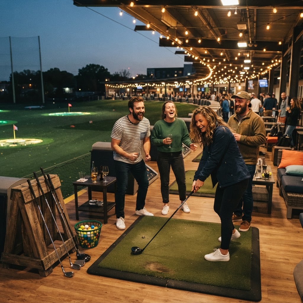 Friends enjoying a social golf outing at a driving range at dusk