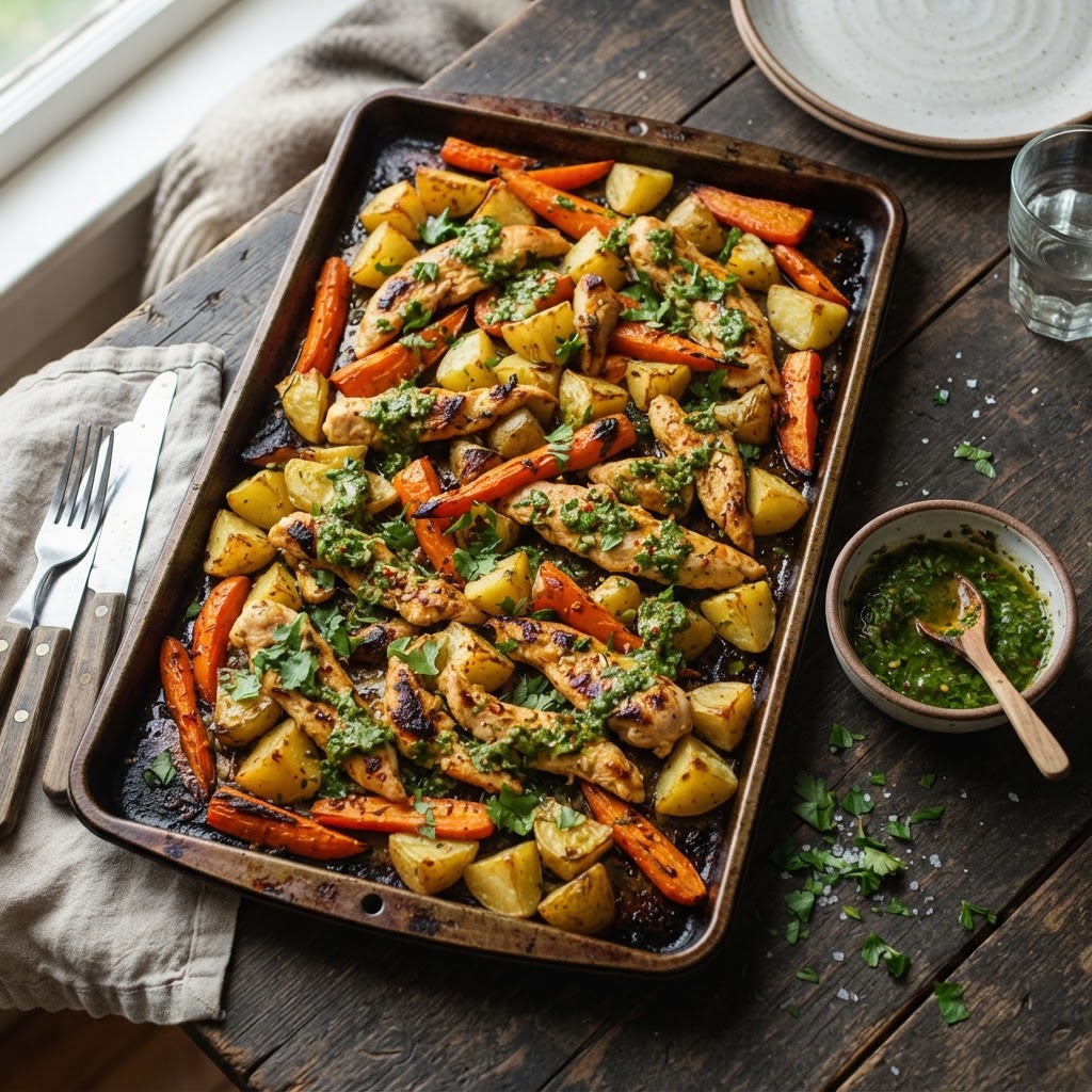 Easy Chimichurri Sauce with Roasted Chicken and Root Veggies