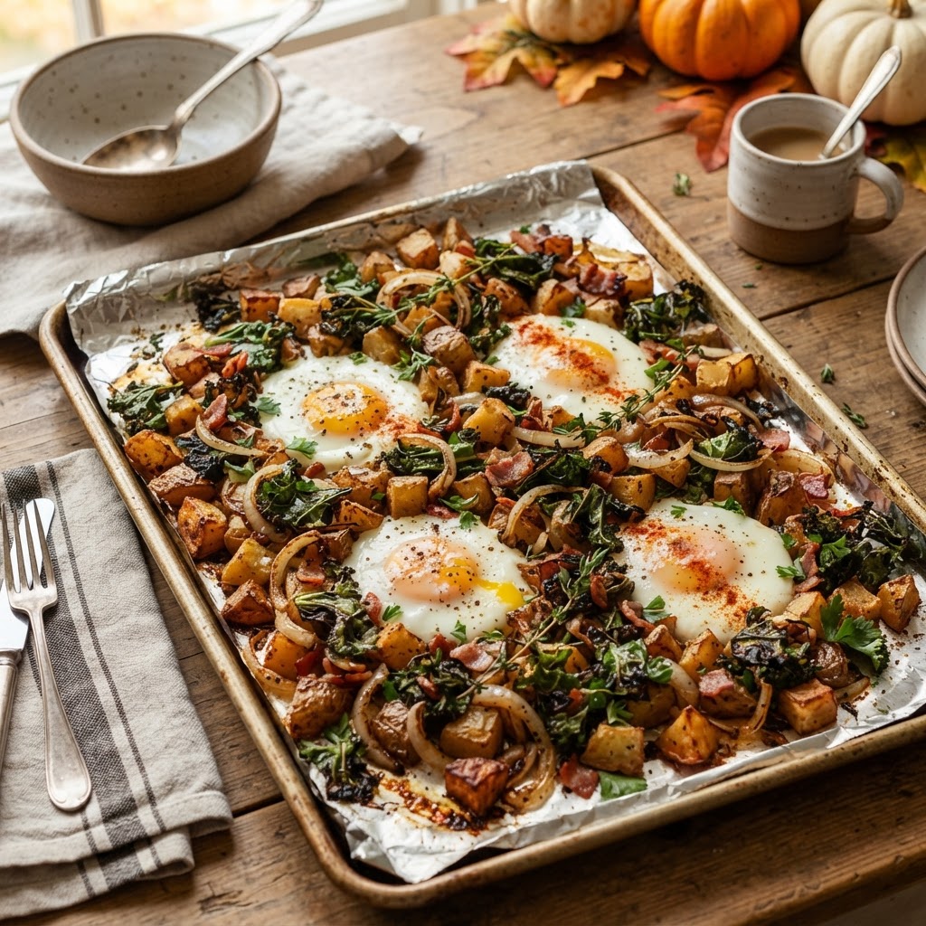 Breakfast Hash with Potatoes, Kale, and Fried Eggs