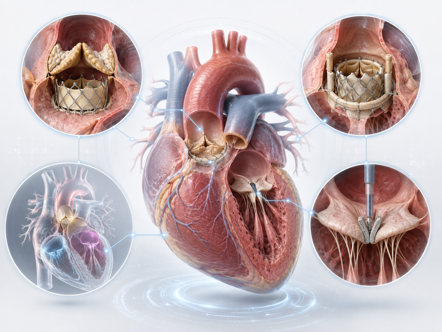 Structural-heart illustration showing TAVI/TAVR, valve-in-valve therapy, transcatheter mitral intervention and contemporary structural-heart procedures.