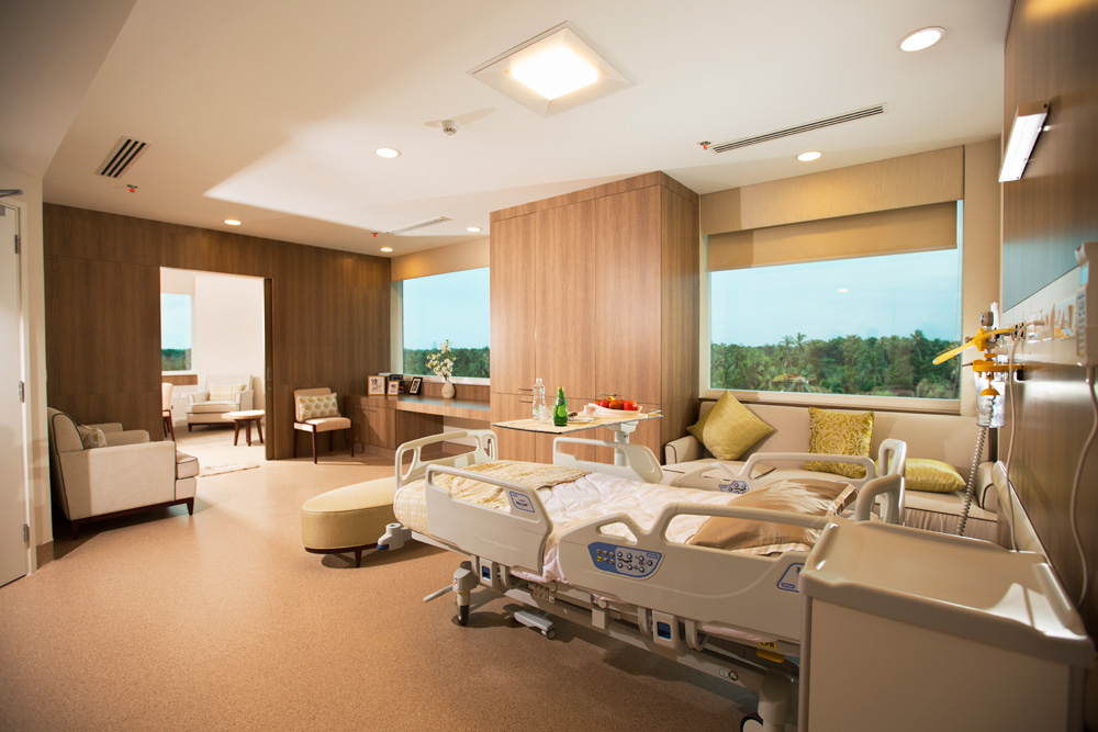 Meitra Hospital patient room with medical bed, built-in seating with sage-green accent pillows, and window view of lush greenery.