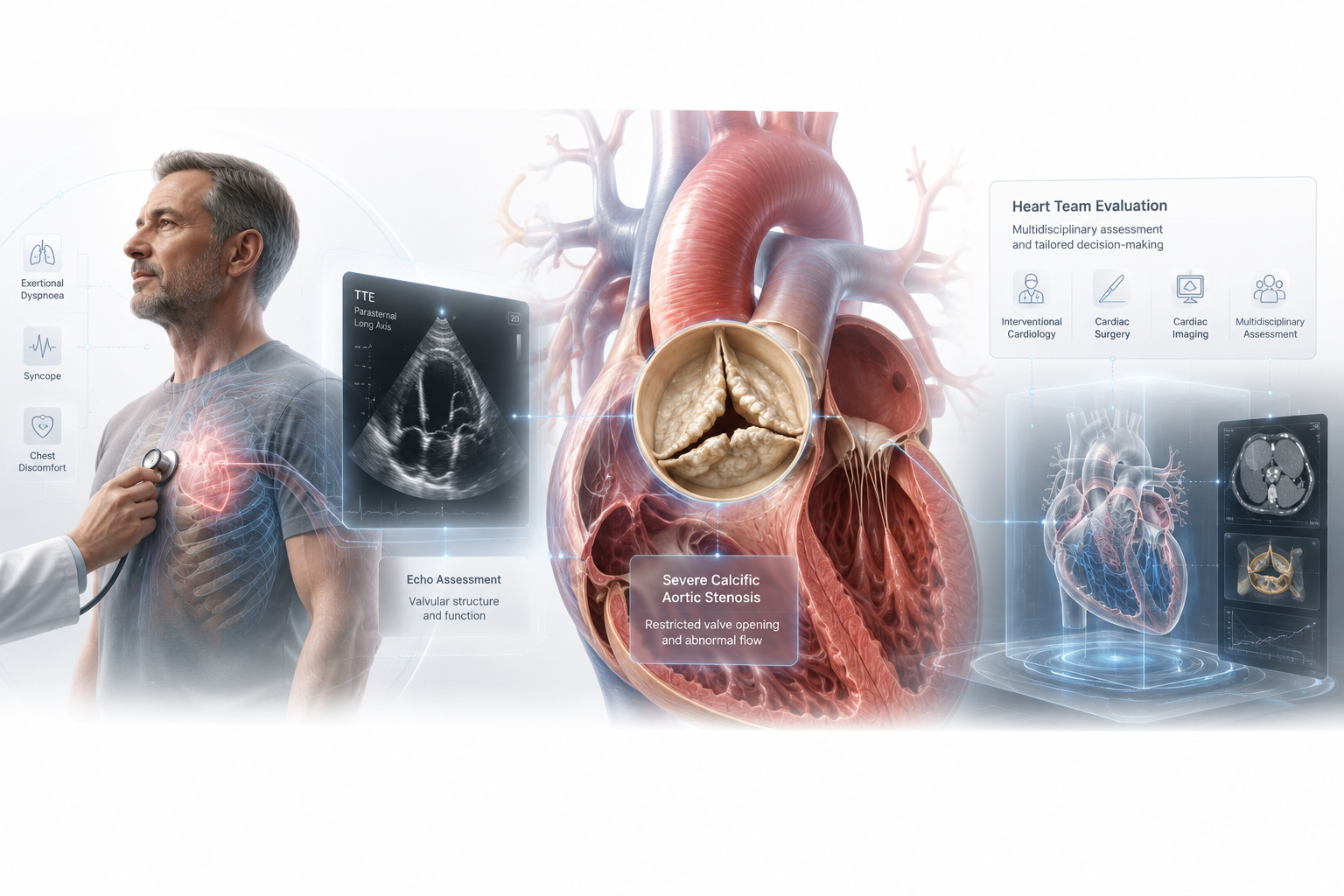 Illustration showing clinical recognition progressing from patient assessment and echocardiography to aortic valve disease evaluation and multidisciplinary Heart Team assessment.