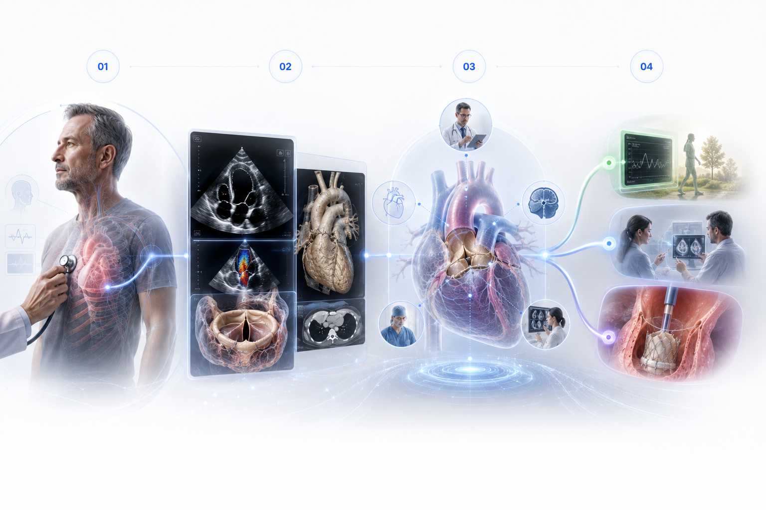 Clinical pathway illustration showing patient recognition, cardiovascular imaging, structural-heart assessment, multidisciplinary review and an individualized next-step decision.