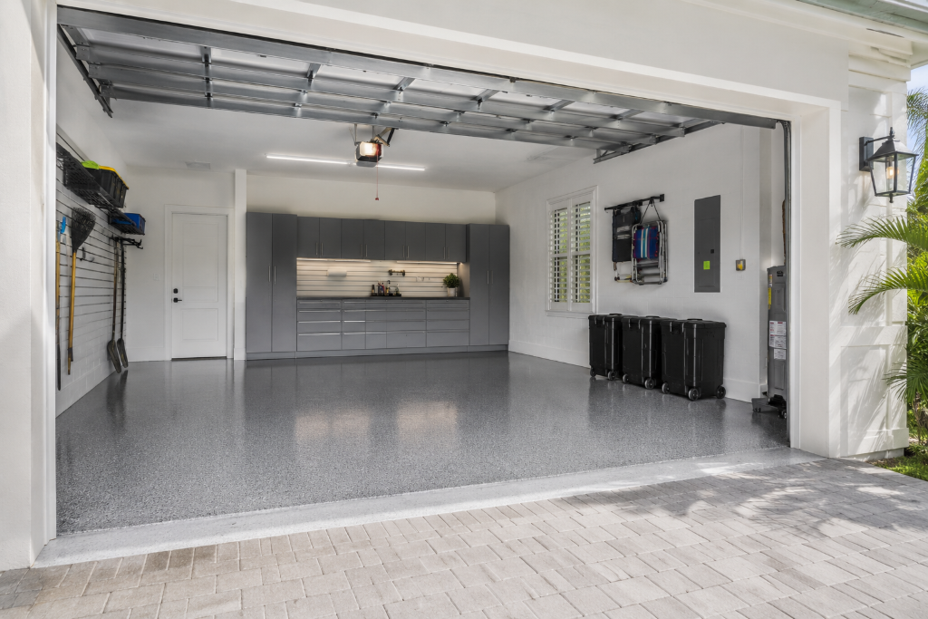 Garage epoxy floor coating transformation showing durable decorative finish
