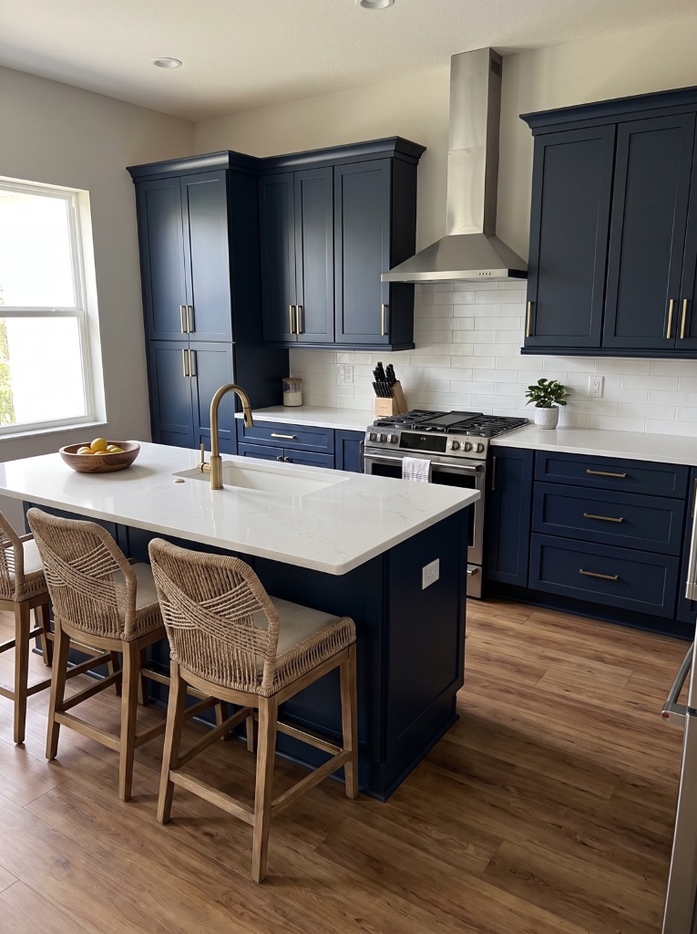 Angled view of refinished navy kitchen cabinets and island in a Fiddler’s Creek home.