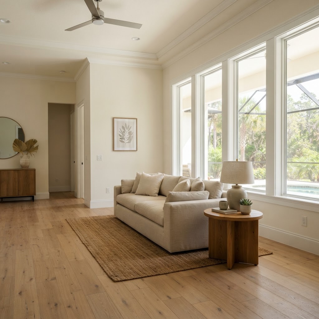 Smooth interior wall painting and white trim in a Bonita Bay living room