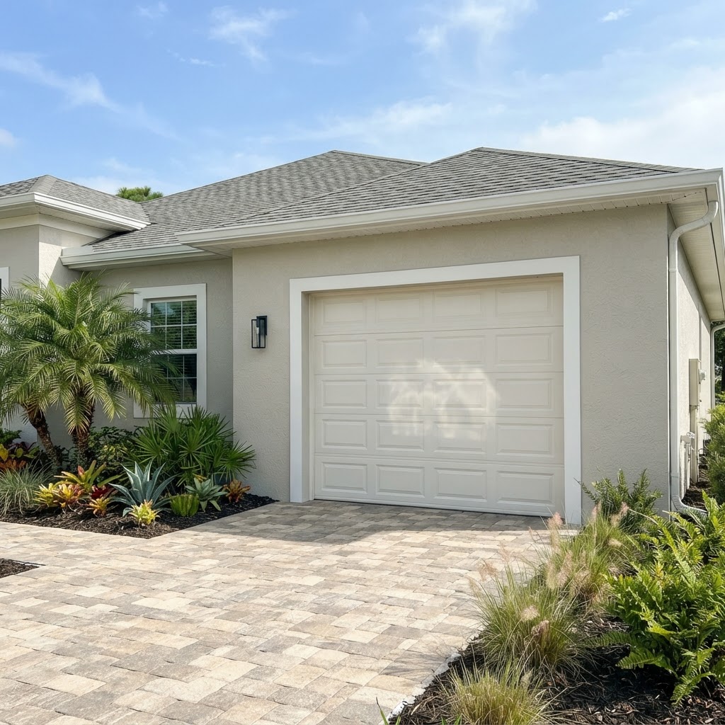 Painted garage door, exterior trim, and stucco in Babcock Ranch