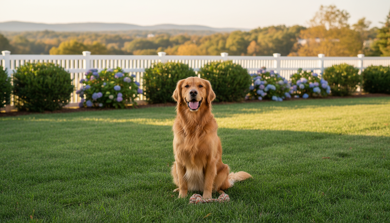 Happy dog in a clean suburban Virginia backyard