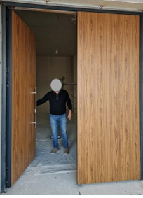 Wood-grain double doors with metal frame