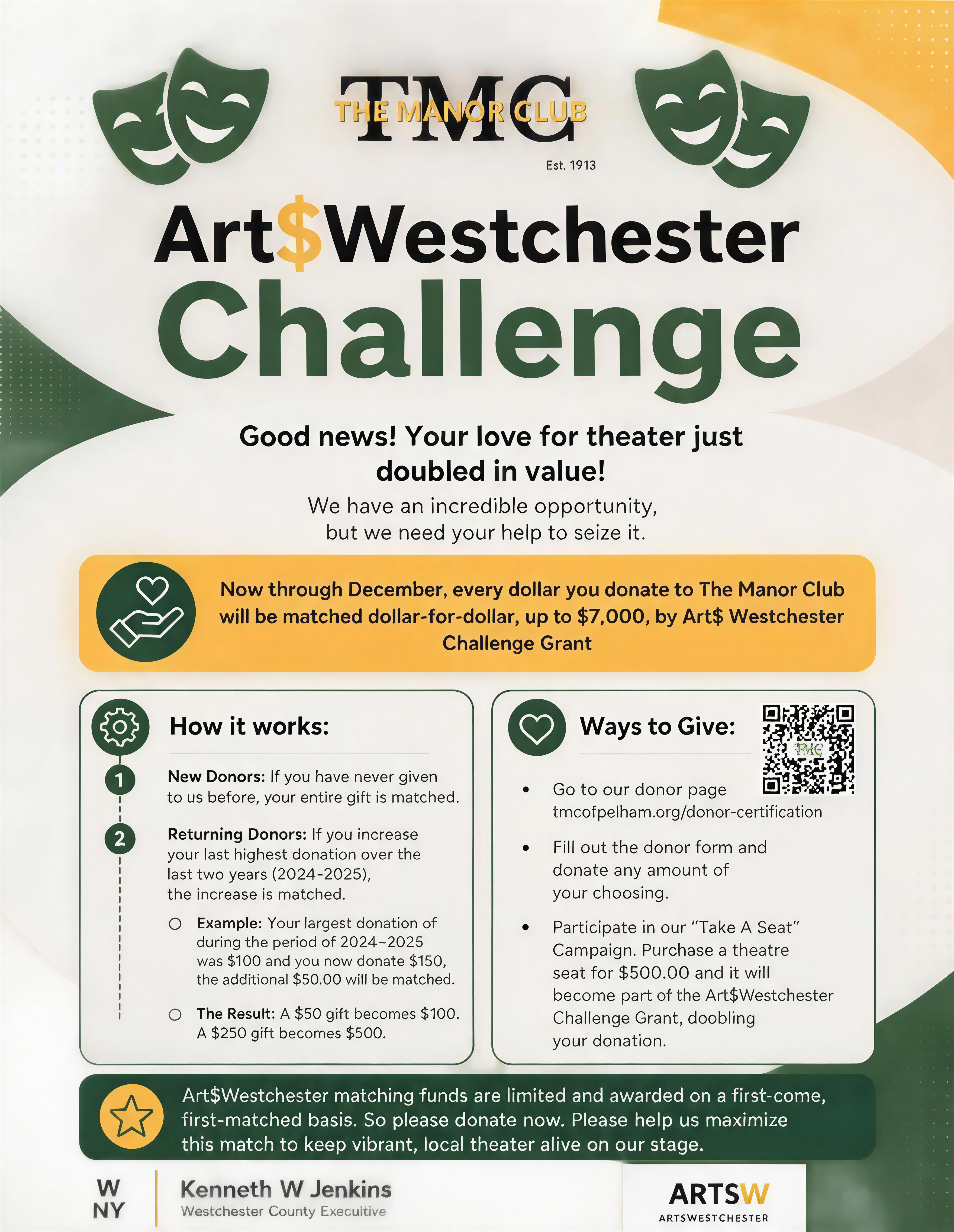 TMC Art$Westchester Challenge — every dollar you donate is matched dollar-for-dollar now through December