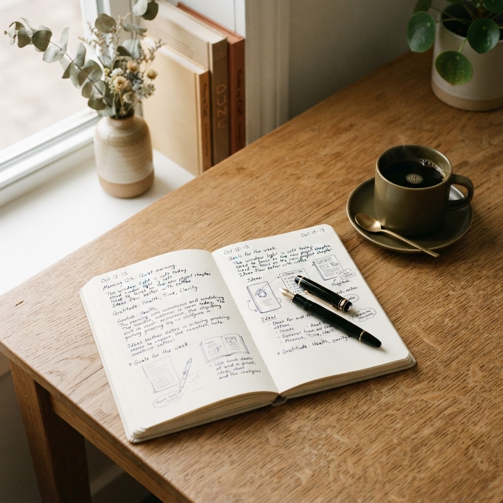An open journal with a fountain pen beside a cup of coffee on a warm wooden desk, soft window light