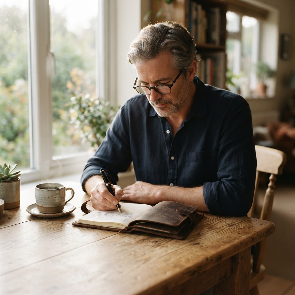 A professional man over 40 writing in a leather gratitude journal at a wooden kitchen table in soft morning light, a steaming coffee mug beside him