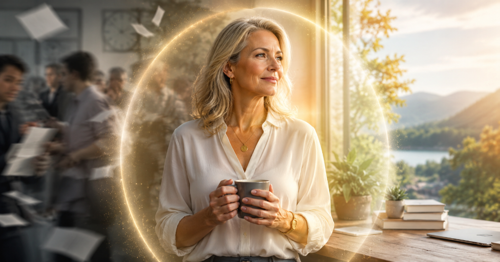 Professional woman over 40 holding a coffee cup, standing in a glowing circle of light, representing personal energy protection and calm focus