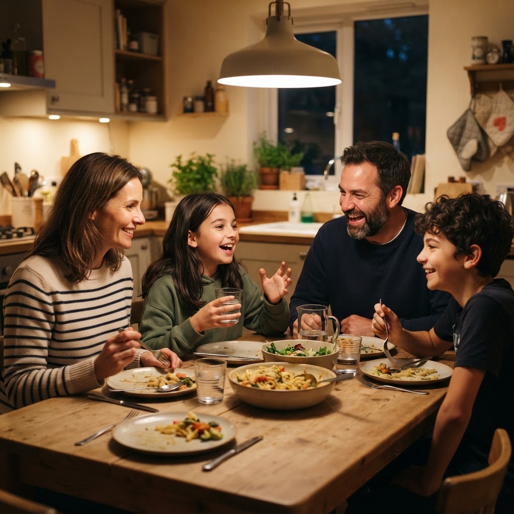 A family sharing a simple weeknight dinner together, fully present, representing the small protected choices that compound into a life without regret