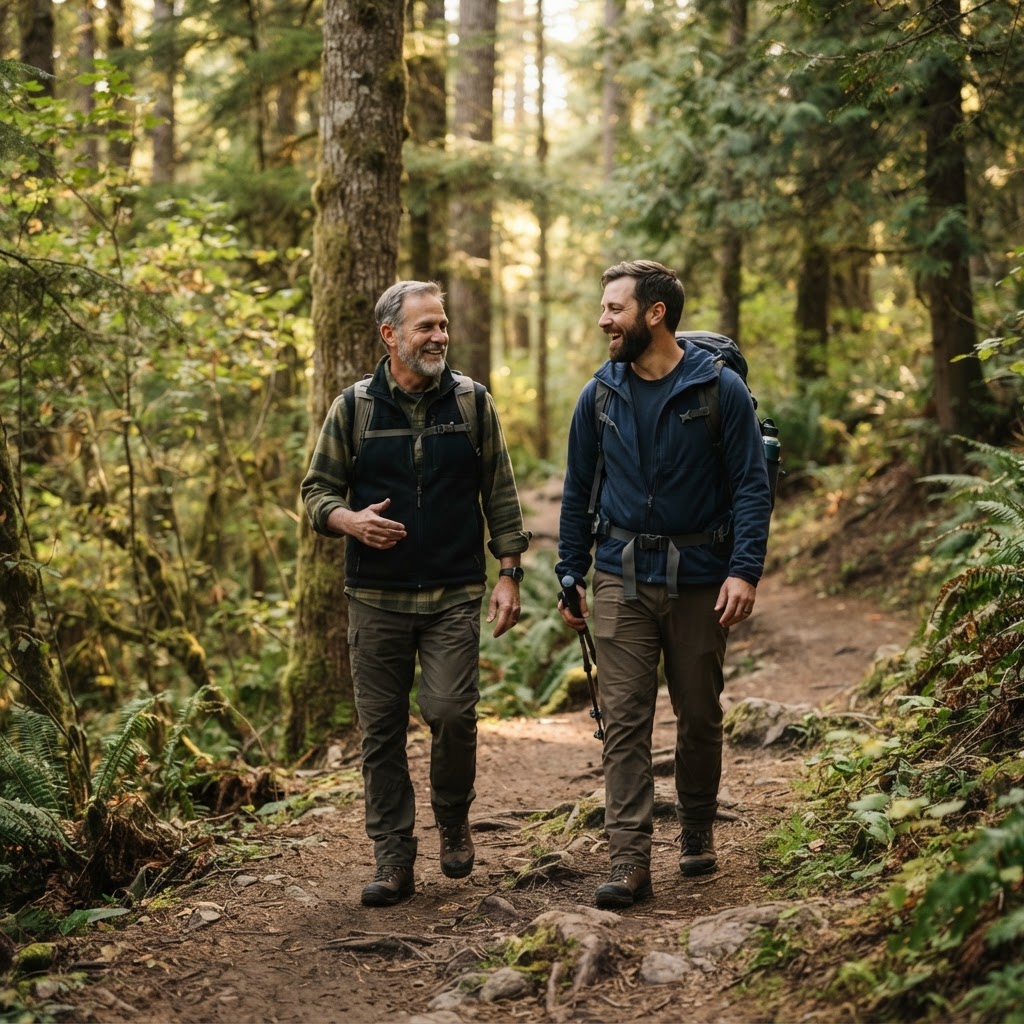 A father and adult son hiking together on a forest trail, representing how shared experiences build identity and family bonds