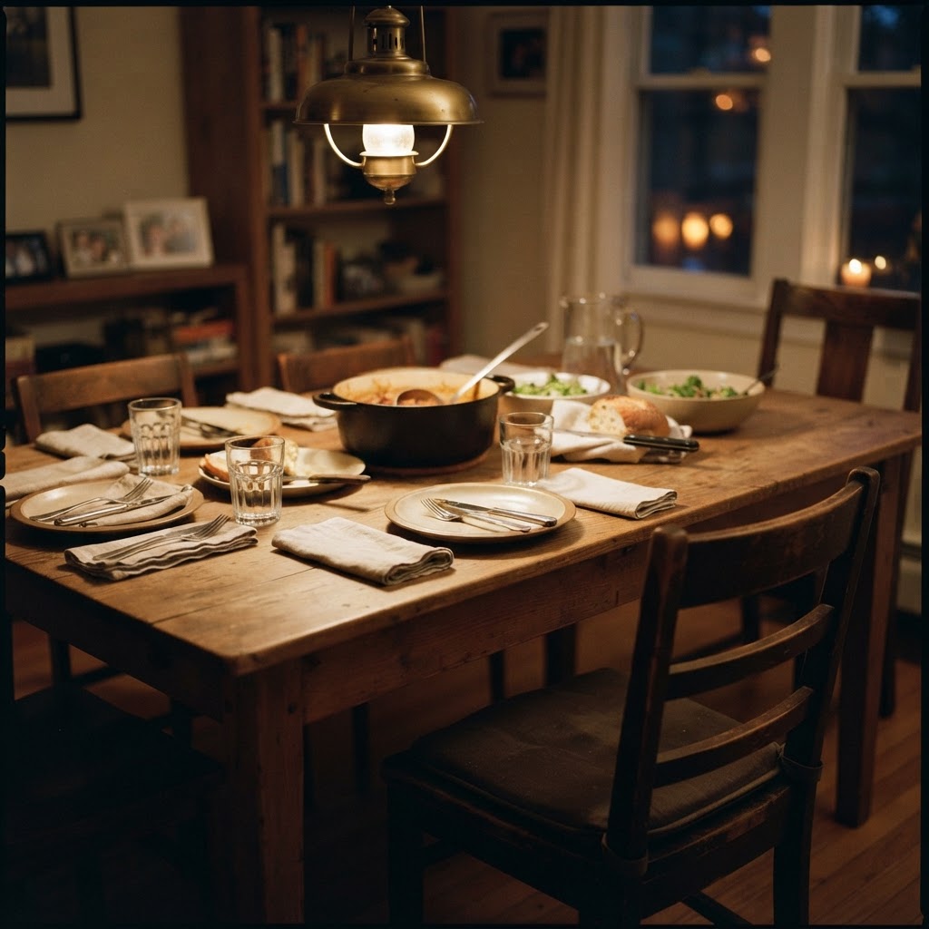 A family dinner table set for a meal with one empty chair, representing the ordinary moments that were missed and the shape of regret when it arrives