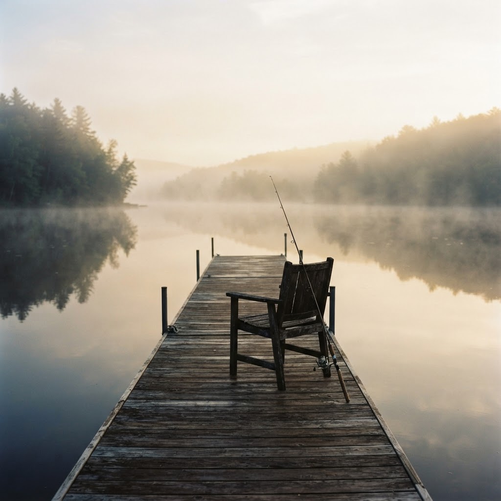 A quiet misty lake at dawn with an empty dock and a single fishing rod, representing the finite window for meaningful experiences and the cost of postponed plans