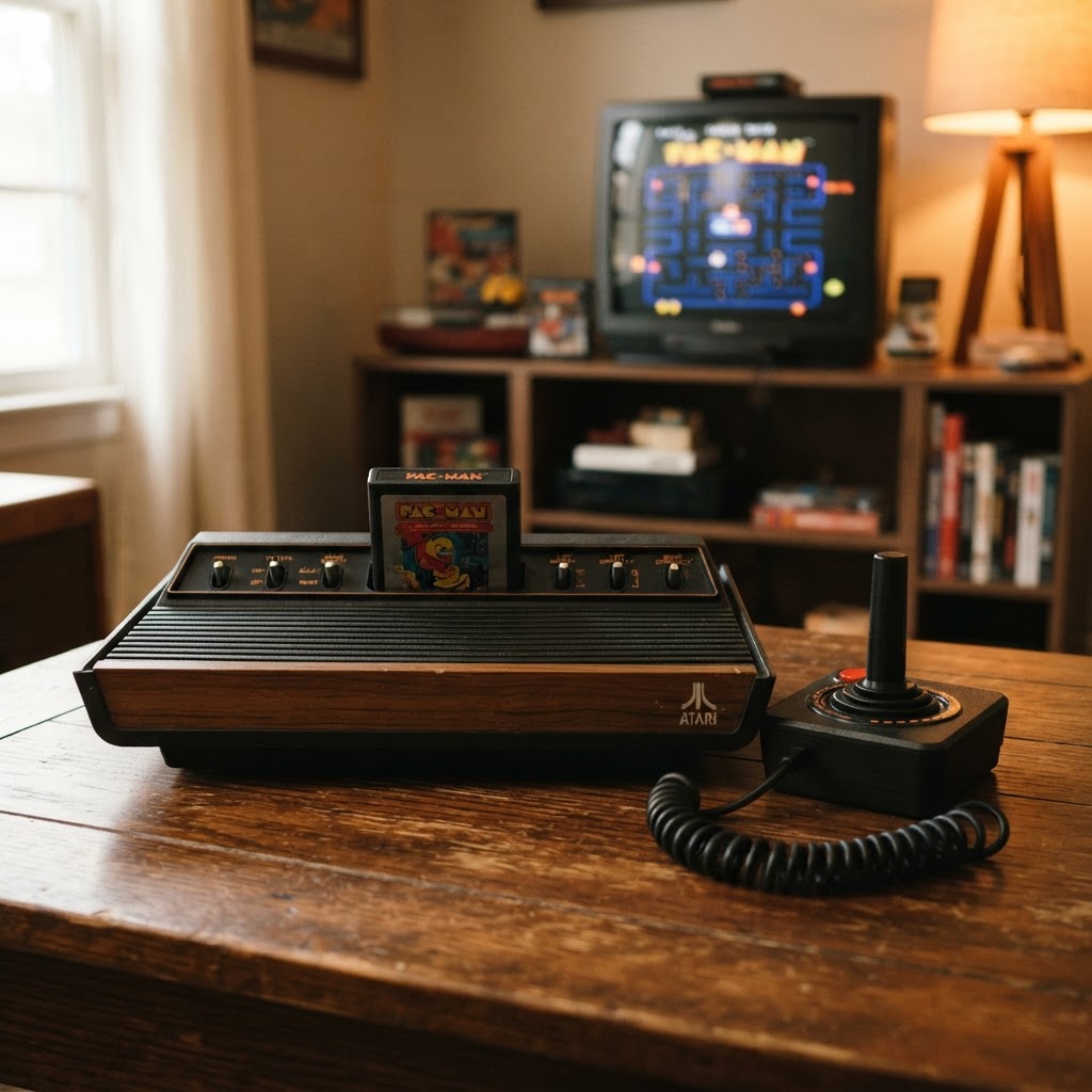 The Atari 2600 console with its wood-grain front panel and joystick controller