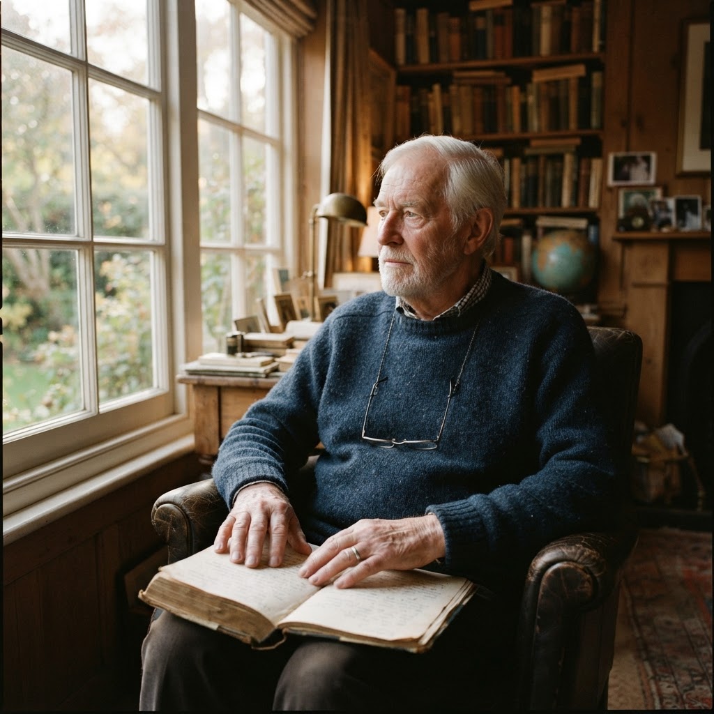 A distinguished older man reflecting quietly in a warm study, representing the wisdom captured by end-of-life regret research