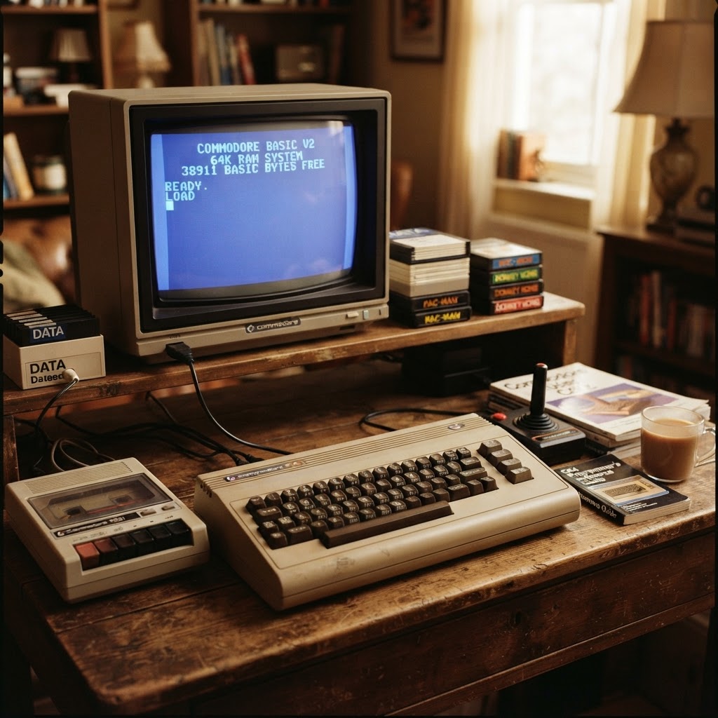 The Commodore 64 home computer with its beige keyboard-style case