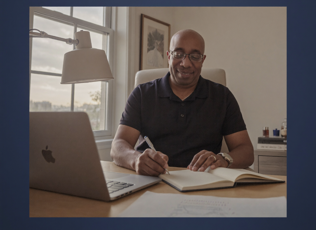 A man planning his career transition by writing in a notebook at his desk