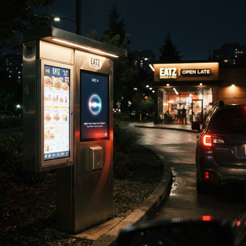 A fast-food drive-thru ordering screen and speaker, now powered by AI