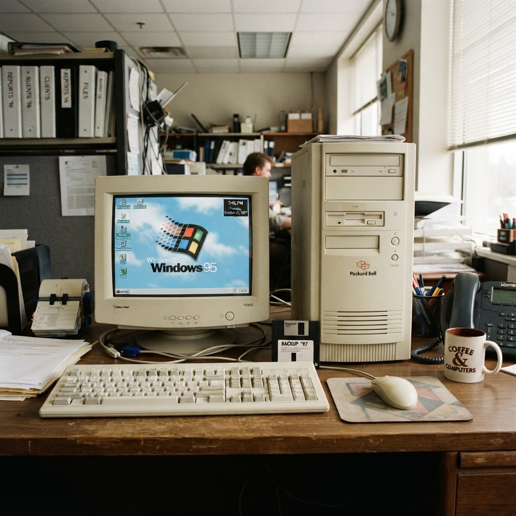 A 1990s beige desktop PC running an early version of Windows
