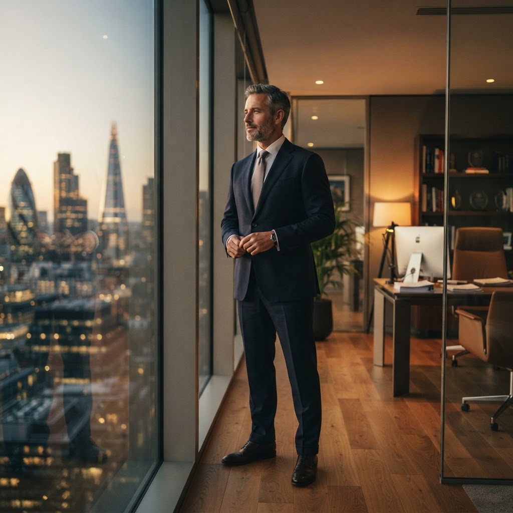 A professional man in his 40s standing confidently by an office window, reflecting on what a promotion truly brings