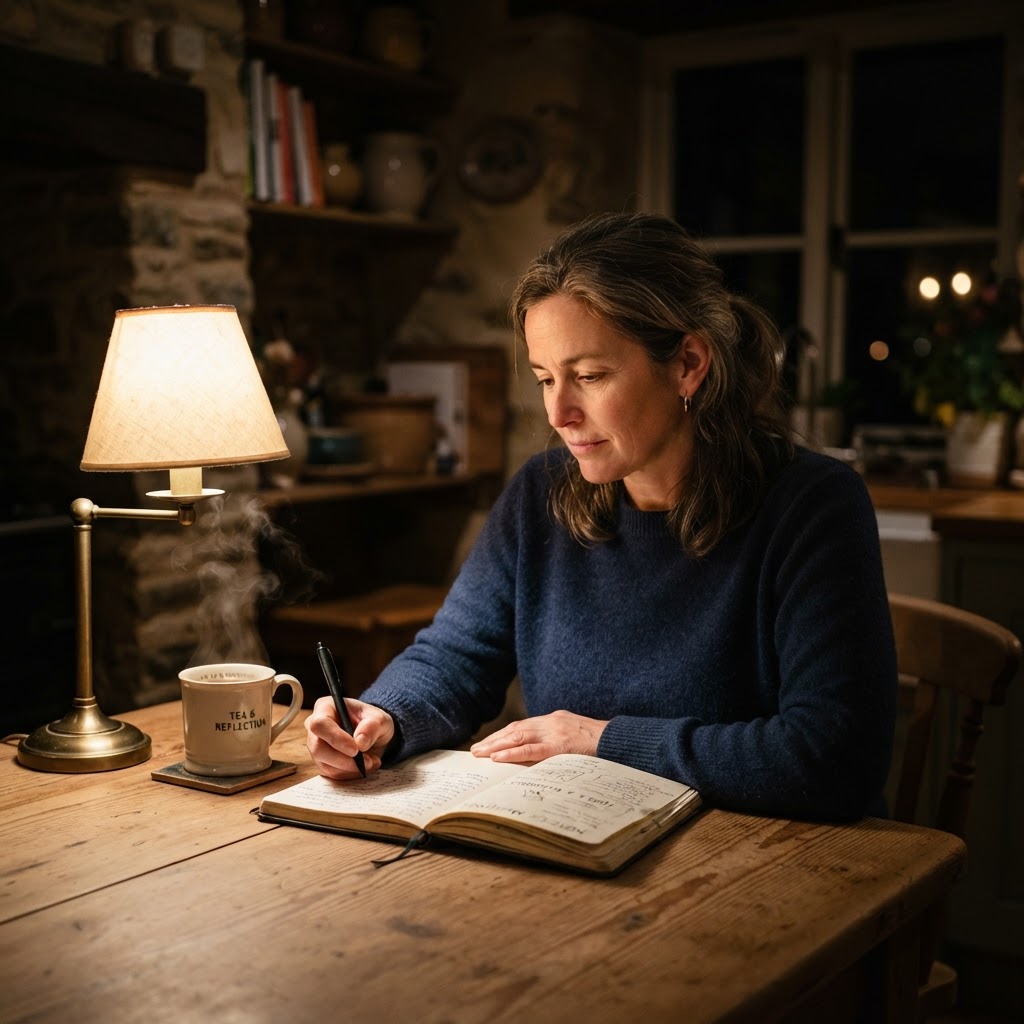 A person in their 40s writing in a notebook at a dimly lit kitchen table late at night, a steaming mug of tea beside them