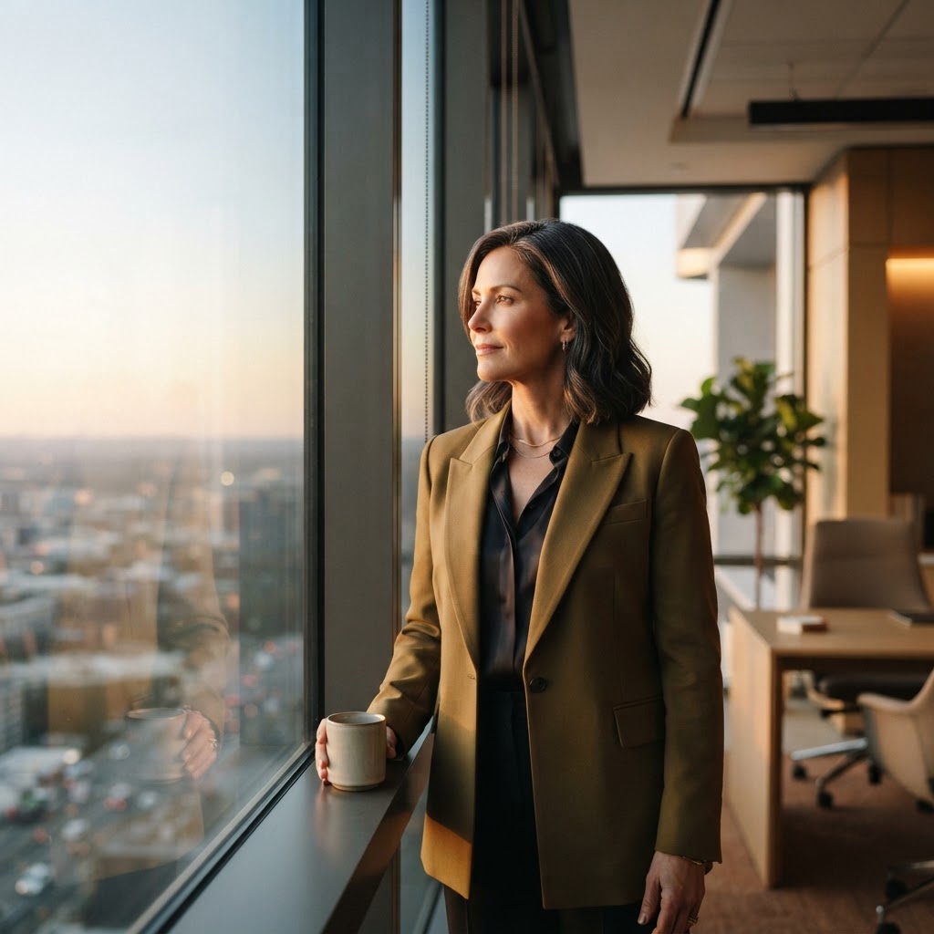 Confident professional woman in her 40s gazing out a bright office window, embodying renewed purpose