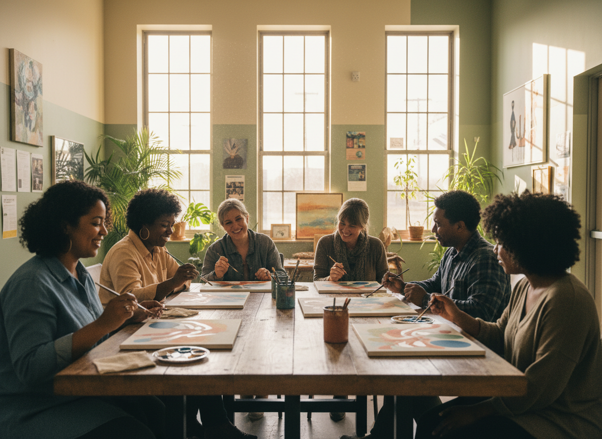 A group of diverse adults engaged in a creative painting activity together in a bright Nashville community center, sharing smiles and connection