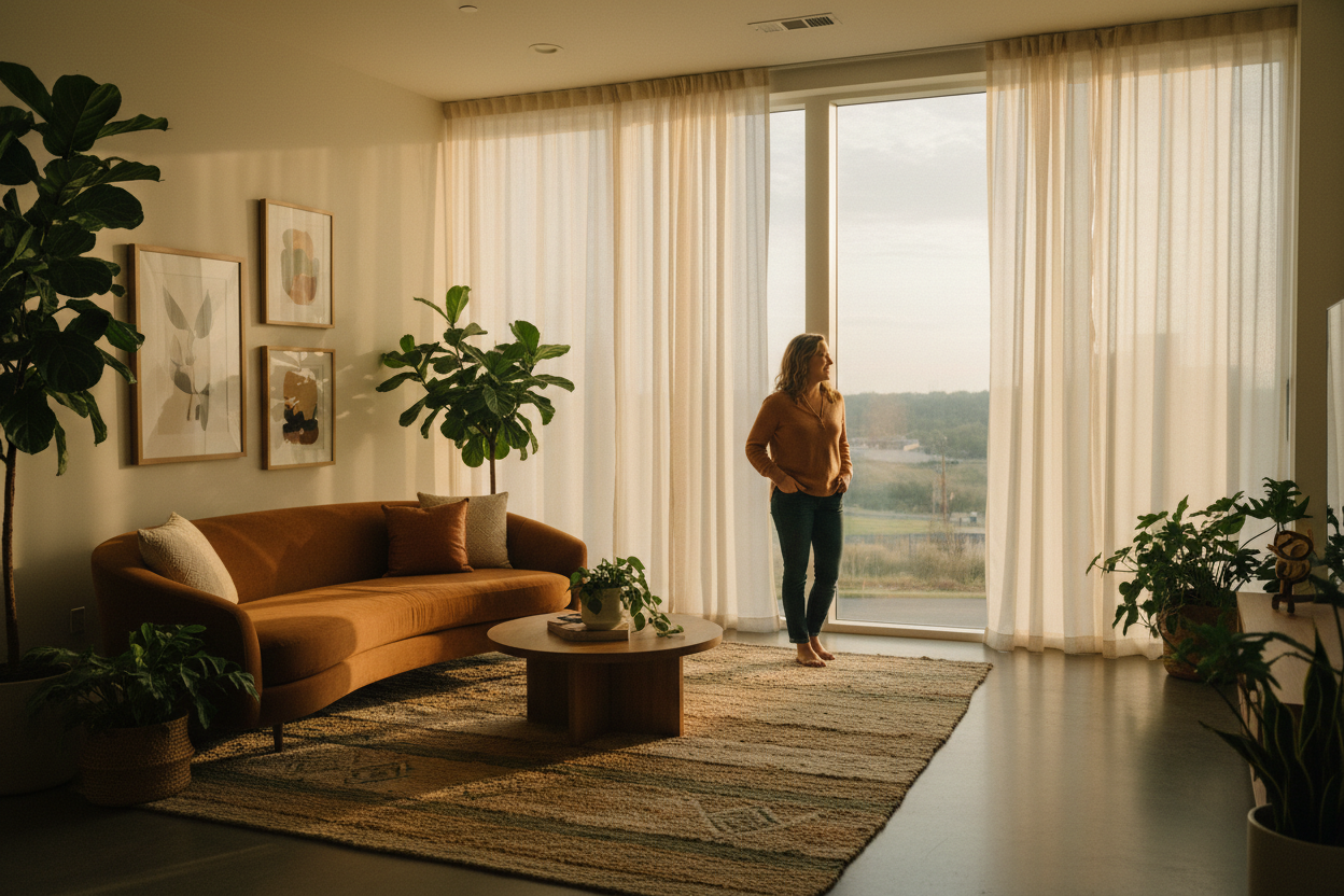 An adult standing by a sunlit window in a warm, modern Nashville living room, radiating calm and independence