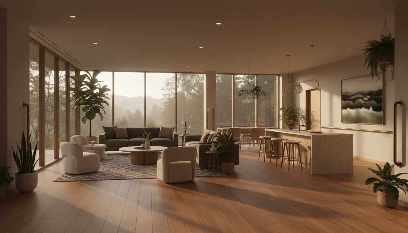 A modern, accessible semi-independent living space with warm wood floors, large windows, and comfortable furnishings that feels like a boutique Tennessee home