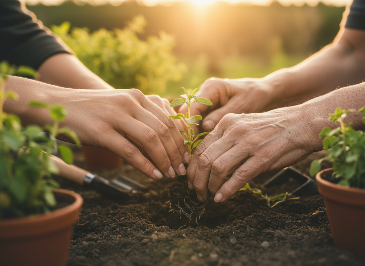 Close-up of two pairs of hands working together on gardening — one younger hand guiding an older, symbolizing supportive connection