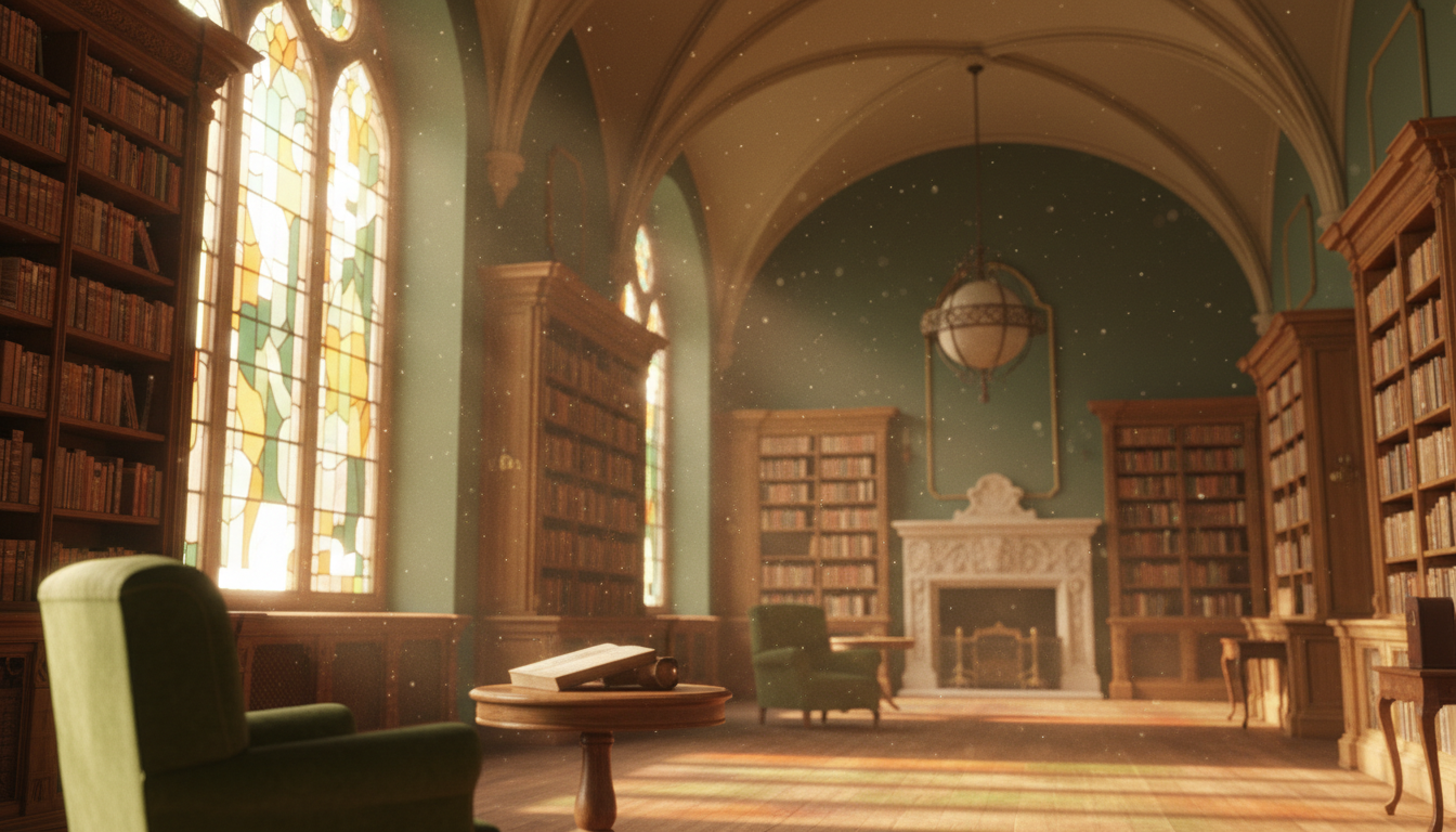 Sun-drenched grand library with golden light streaming through windows