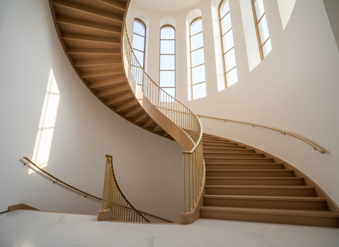 Elegant architectural staircase spiraling upward with natural light