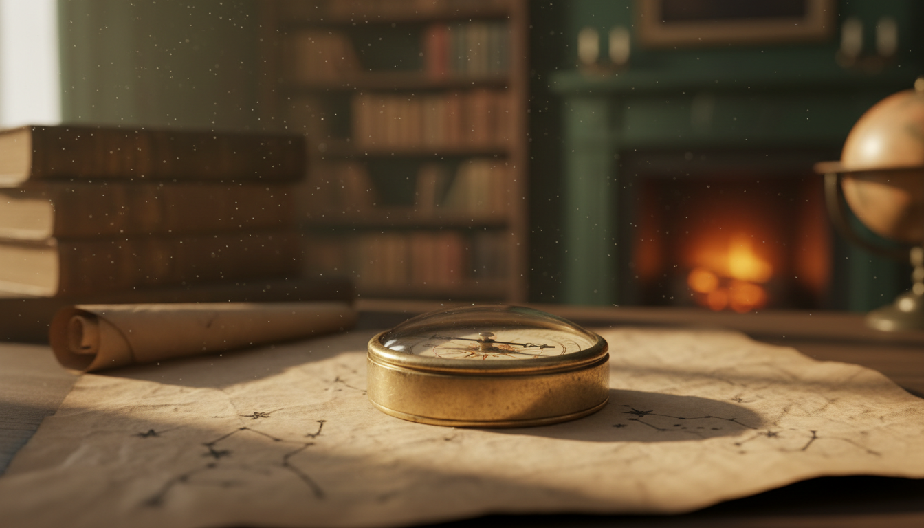 Macro shot of a vintage compass on aged parchment paper