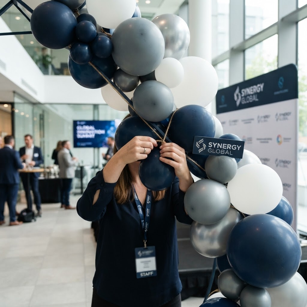 A stylist installing a branded corporate balloon display