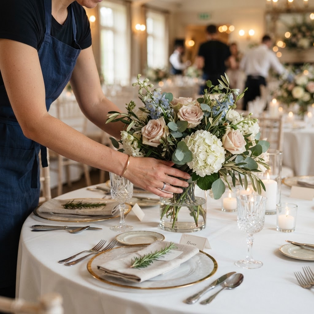A florist placing centrepieces on reception tables
