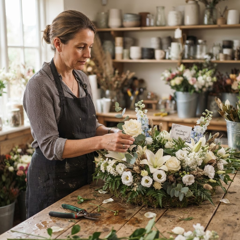 A florist gently arranging a sympathy tribute