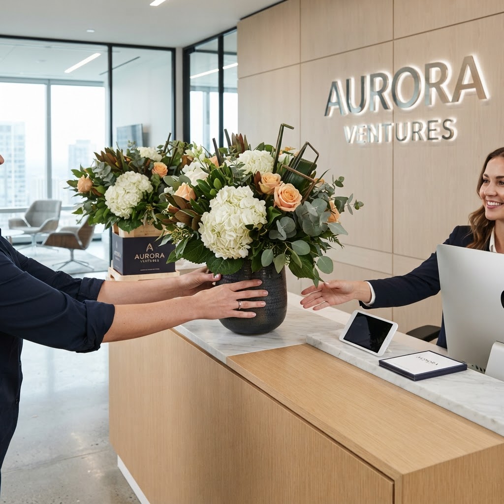 A florist delivering corporate arrangements to an office