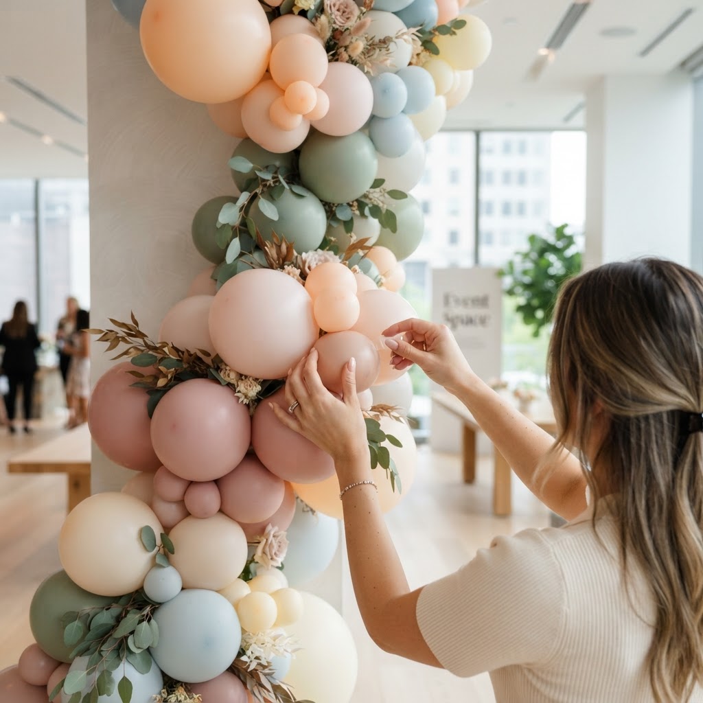 A stylist installing a balloon garland at a venue