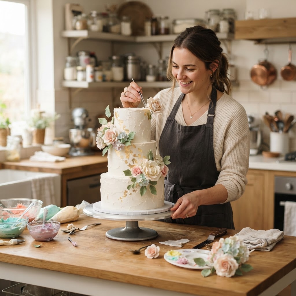 A cake artist decorating a celebration cake