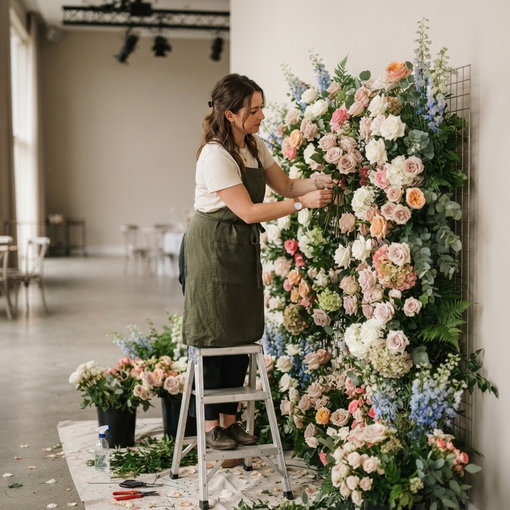 A stylist installing a flower wall at a neutral event venue