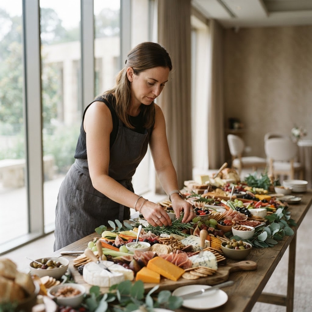 A provider styling a grazing table at a venue