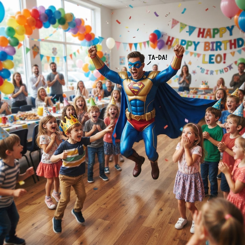Superhero party entertainer at work