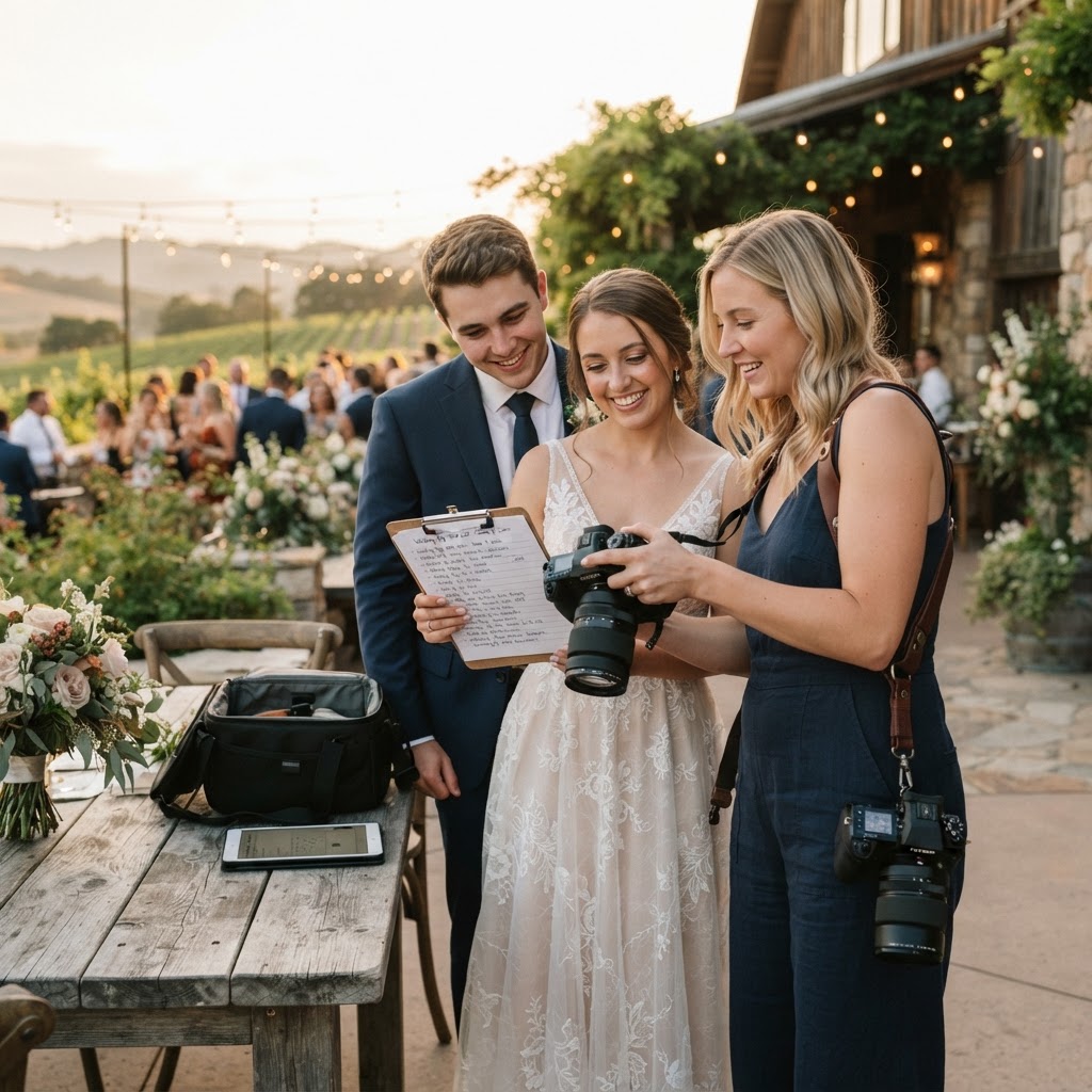 A wedding photographer reviewing their shot list with a couple at a venue